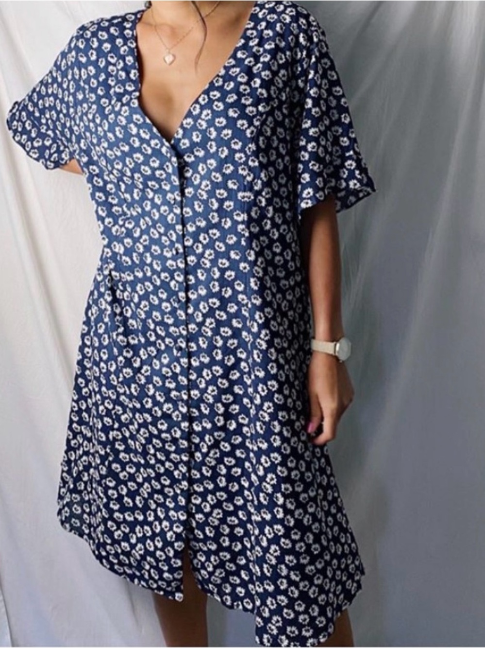 Women’s Navy Blue Floral Midi Dress with Button Front
